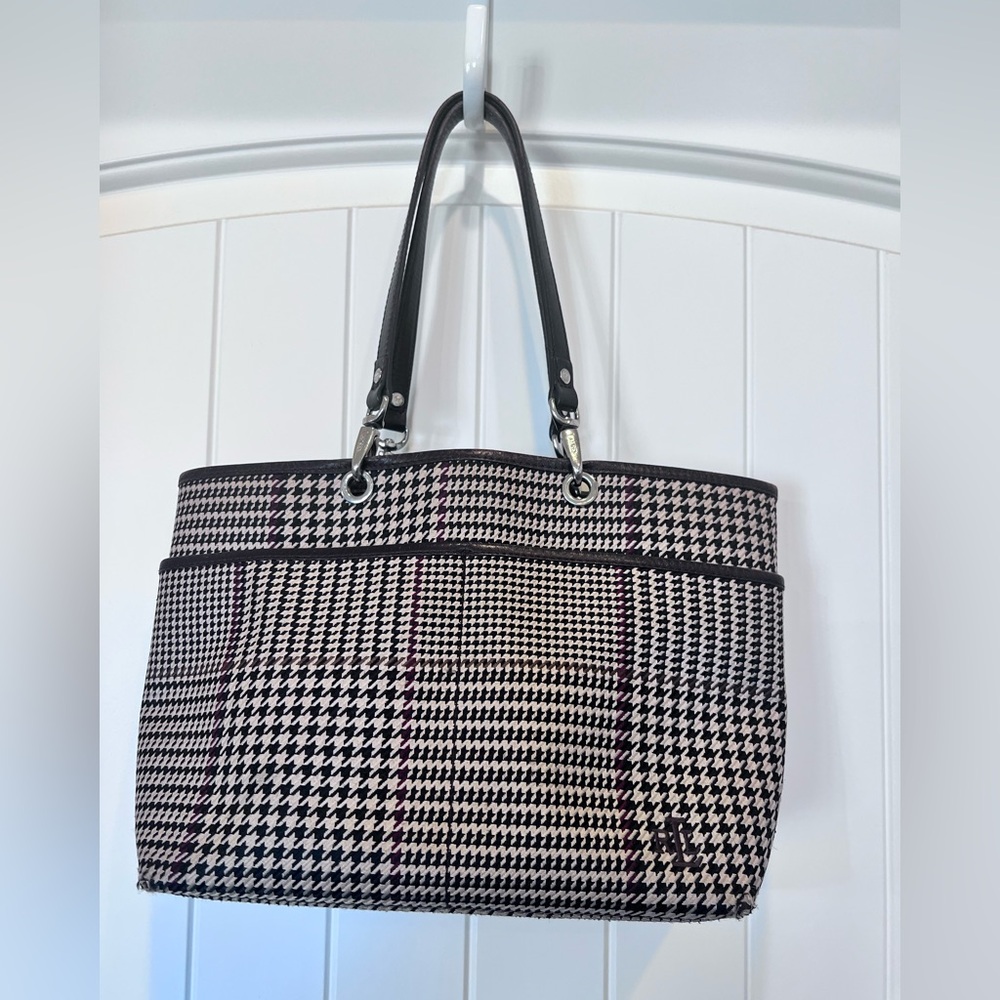 Lauren Ralph Lauren Vintage Brown tones Houndstooth Small Tote Distressed